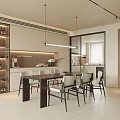Modern Open Restaurant Interior With Dining Table Chairs Wine Cabinet And Pendant Lights