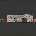 Cartoon Scene of Ancient Ruin Model with Courtyard Grass Lawn Pathway and Trees
