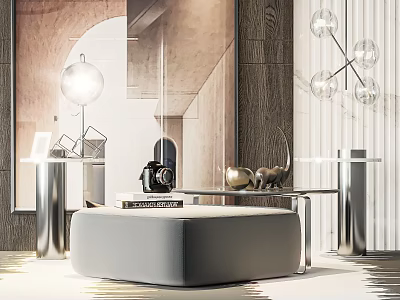 Modern Coffee Table With Glass Top Metal Frame And Decorative Sculpture Camera Lamps 3d model