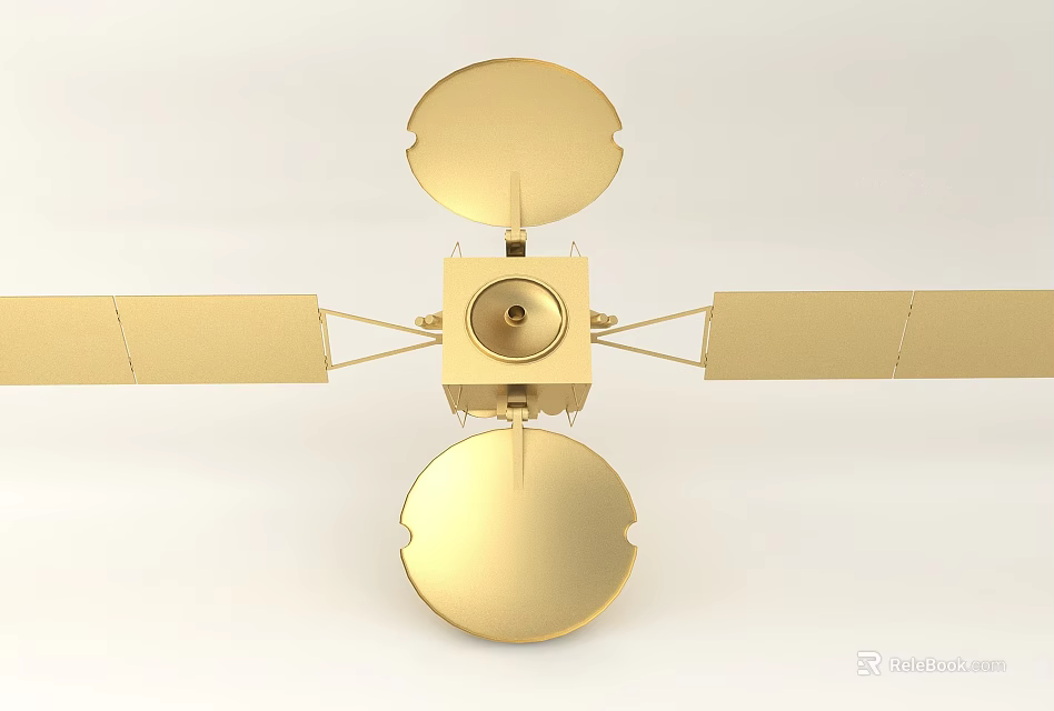 Golden Satellite Model Decorative Ornament Set With Discs Solar Panels And Cube Structure 3d model 