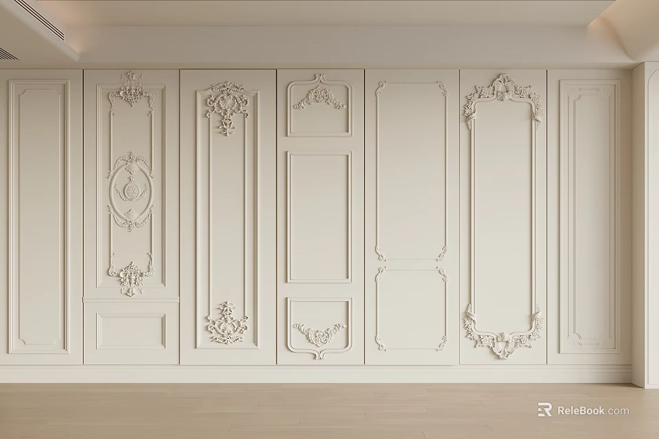 Elegant White Interior Wainscoting With Ornate Carved Patterns And Classical Style 3d model