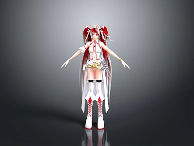 Anime Style 3D Character Model With Red White Outfit Long Hair And Boots 3d model
