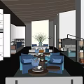 Modern Hotel Lobby Interior With Blue Sofas Decorative Plants And Floor Lamp 3d model