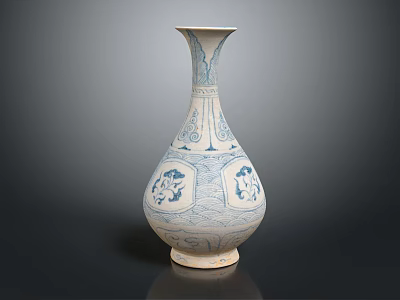 Traditional Blue And White Ceramic Vase With Decorative Patterns And Slender Neck 3d model