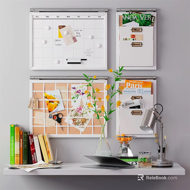 Chic Decorative Accessories Set With Cork Boards Wall Calendar Potted Plant Table Lamp And Books 3d model 