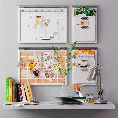 Chic Decorative Accessories Set With Cork Boards Wall Calendar Potted Plant Table Lamp And Books 3d model