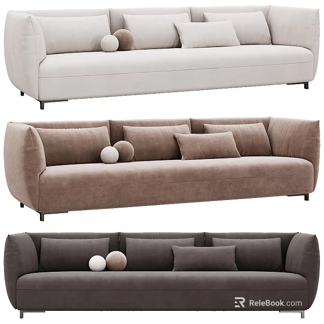 Three Seater Sofa in Various Neutral Tones with Upholstered Modern Minimalist Design and Decorative Round Pillows 3d model 
