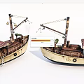 Vintage Wooden Boats With Red Patterned Canopy Palm Tree And Ladder