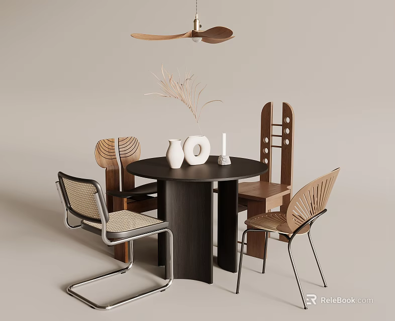 Contemporary Round Dining Table Set With Leaf Shaped Chairs And Decorative Vase Palm Leaf 3d model