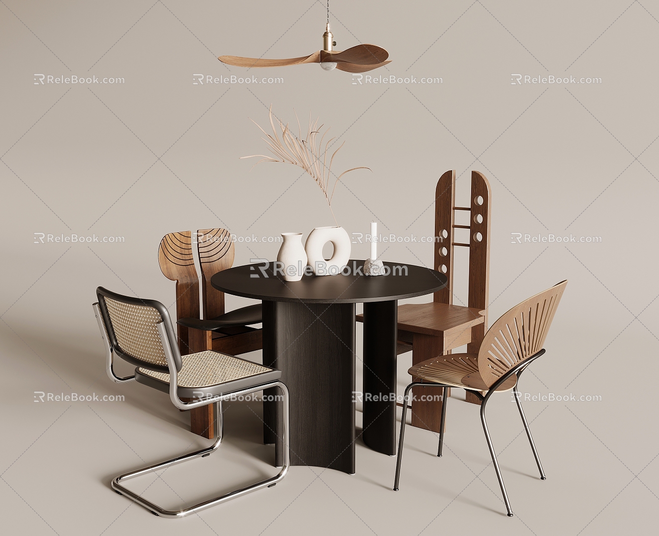 Mid-ancient style dining table and chair combination chandelier fan lamp 3d model