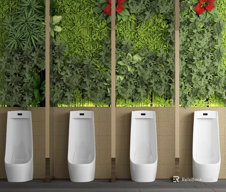 White Urinals In Public Restroom With Green Plant Wall And Wooden Dividers 3d model 