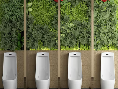 White Urinals In Public Restroom With Green Plant Wall And Wooden Dividers 3d model