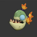 Cute 3D Green Fish Creature Character With Blue Eyes Sharp Teeth And Flame Details
