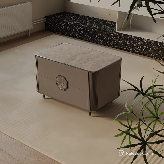 Light Gray Upholstered Bedside Table With Decorative Knob Black Slim Legs And Green Plant 3d model 