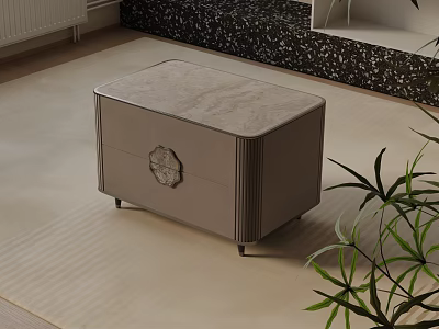 Light Gray Upholstered Bedside Table With Decorative Knob Black Slim Legs And Green Plant 3d model