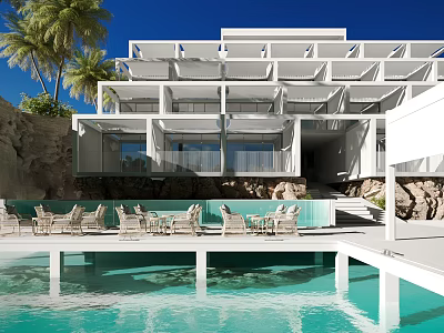 Modern Detached Villa Exterior With Swimming Pool Palm Trees And Lounge Chairs Under Blue Sky 3d model