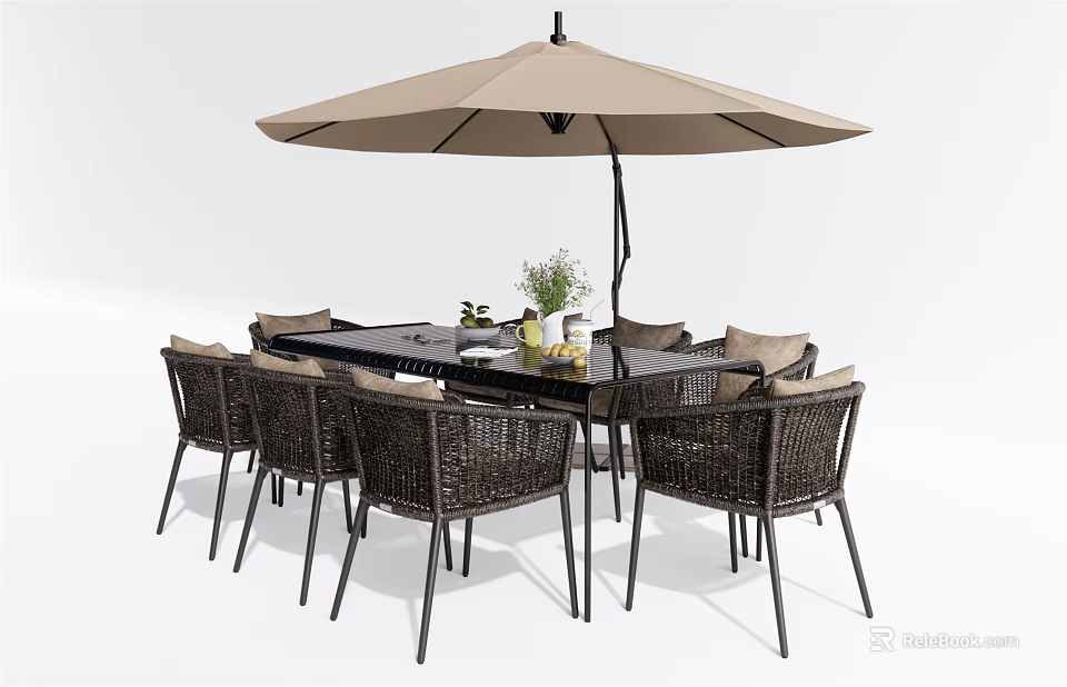 Outdoor Wicker Table And Chair Set With Stylish Black Table And Beige Umbrella 3d model 