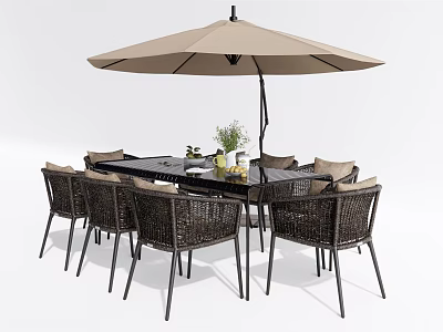 Outdoor Wicker Table And Chair Set With Stylish Black Table And Beige Umbrella 3d model