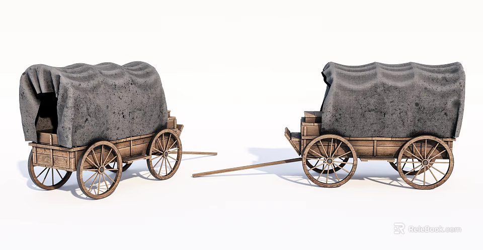 Two Wooden Carriages With Gray Canvas Covers On White Background 3d model 
