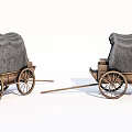 Two Wooden Carriages With Gray Canvas Covers On White Background