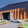Large Industrial Plant Red Brick Facade Entrance Pedestrians Green Plants Birds in Sky