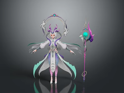 Elegant Fantasy Character Design Featuring Purple Horns White Robe Flowing Wings Magic Staff Green Orb 3d model