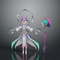 Elegant Fantasy Character Design Featuring Purple Horns White Robe Flowing Wings Magic Staff Green Orb