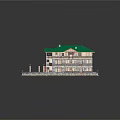 Cartoon Style Multi Story House With Green Roof Solar Panels Balconies Staircase Lawn Stone Path