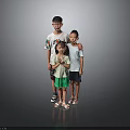 Three Children Standing Together With Gray Background Black Floor And Reflection