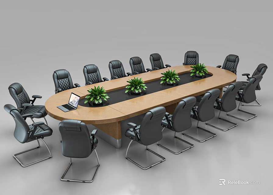 Wooden Conference Table With Black Center Strip Green Plants Laptop And Black Leather Chairs 3d model 