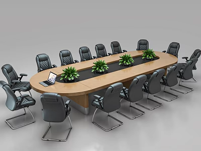 Wooden Conference Table With Black Center Strip Green Plants Laptop And Black Leather Chairs 3d model