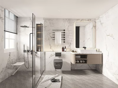 Modern Bathroom Interior With Marble Walls Glass Shower Enclosure Wall Mounted Toilet Vanity And Mirror 3d model