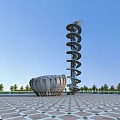 Spiral Shaped Modern Tower With Shell Structure In Plaza Surrounded By Trees 3d model