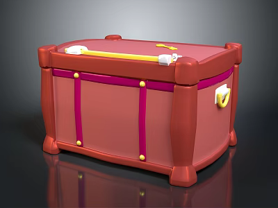 Red Decorative Storage Box With Pink Straps Gold Nails Yellow Handle And White Lock 3d model