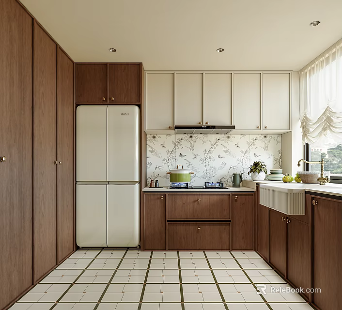 Modern Kitchen Interior With Wooden Cabinets White Refrigerator Patterned Backsplash And Tiled Floor 3d model 