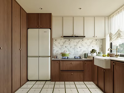 Modern Kitchen Interior With Wooden Cabinets White Refrigerator Patterned Backsplash And Tiled Floor 3d model