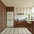 Modern Kitchen Interior With Wooden Cabinets White Refrigerator Patterned Backsplash And Tiled Floor