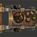 Wooden Utility Cart With Roast Chicken Fruits And Colorful Bottles