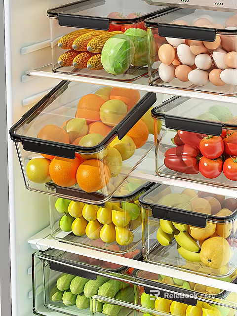 Organized Fresh Fruits In Transparent Storage Containers Inside Refrigerator Drawer 3d model 