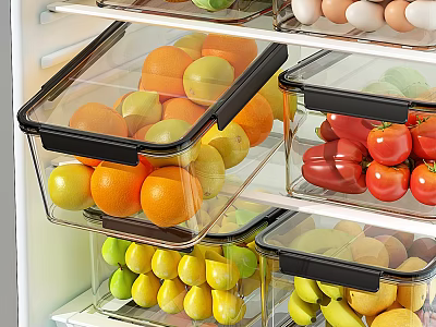 Organized Fresh Fruits In Transparent Storage Containers Inside Refrigerator Drawer 3d model