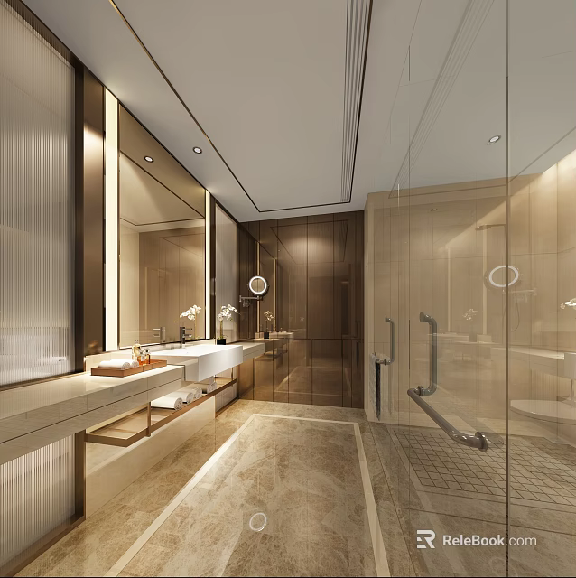 Modern Hotel Guest Room Bathroom With Marble Vanity Large Mirror And Glass Shower 3d model 