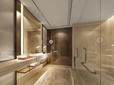 Modern Hotel Guest Room Bathroom With Marble Vanity Large Mirror And Glass Shower 3d model
