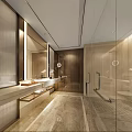 Modern Hotel Guest Room Bathroom With Marble Vanity Large Mirror And Glass Shower