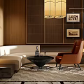 Hotel Public Lounge Area With Wooden Ceiling Pendant Light Sofa And Decorative Paintings
