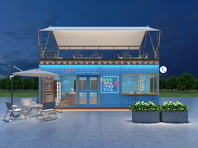 Blue Container Restaurant Two Story Building With Terrace Outdoor Tables Chairs Umbrella And Green Plants 3d model