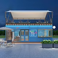 Blue Container Restaurant Two Story Building With Terrace Outdoor Tables Chairs Umbrella And Green Plants