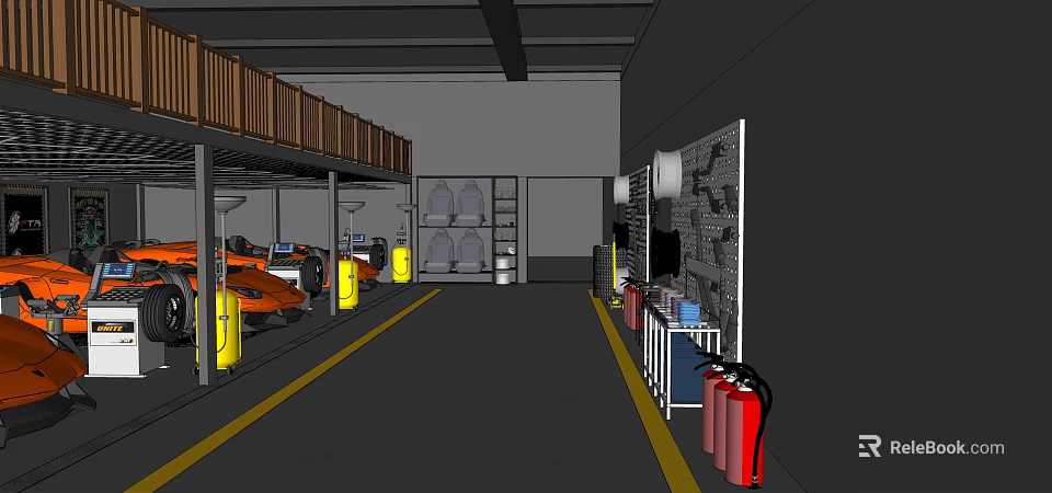4S Auto Shop Interior With Service Bays Cars Repair Equipment And Tool Racks 3d model 
