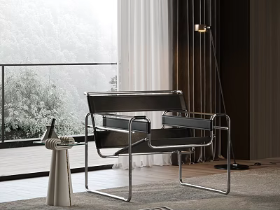 Modern Accent Chair With Metal Frame Living Room Near Floor To Ceiling Window Greenery View 3d model