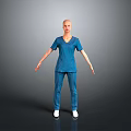 Woman in Blue Scrubs Standing Against Gray Background with Arms Naturally Outstretched