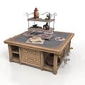 Wooden Kitchen Table With Multi Tiered Rack Condiment Bottles Plates Drawers And Utensils